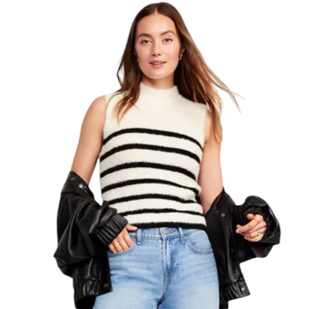 NWT Old Navy Mock Neck Eyelash Sleeveless Striped Sweater Size MP